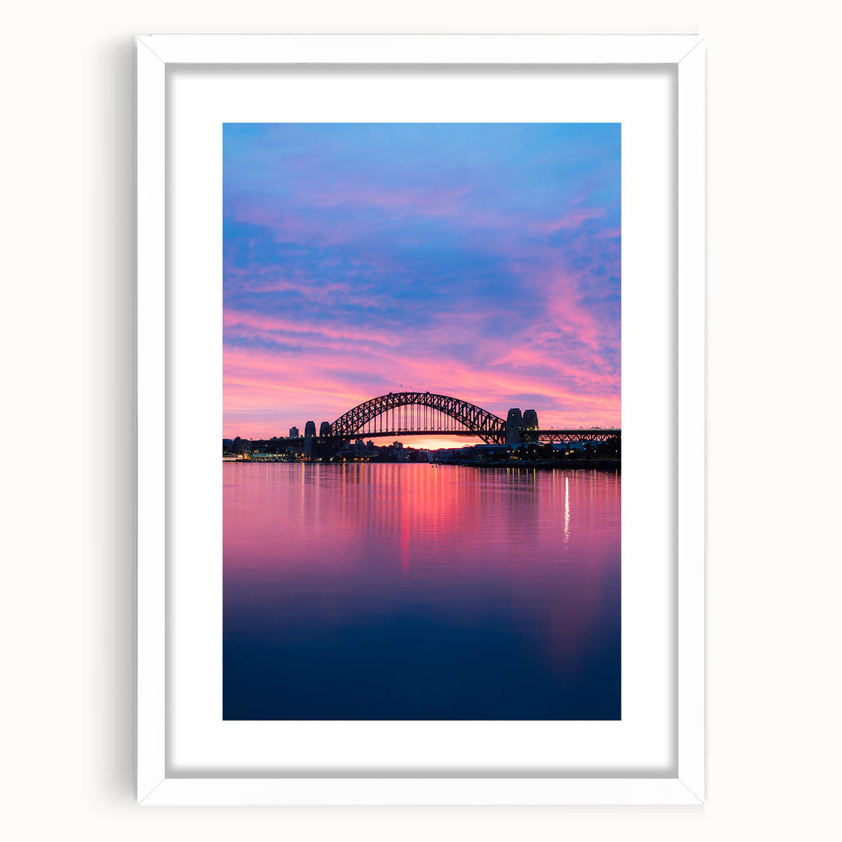 Textured abstract art print of Sydney scenery in muted blue and gray, framed with a white mat, ideal for bedroom art.