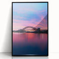 Large abstract wall art of Sydney's skyline in muted gray and blue tones on a framed acrylic print.
