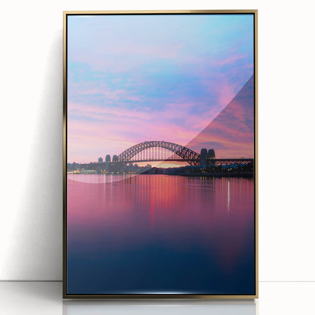 Art deco style Sydney skyline depicted in gold and black hues on a framed acrylic, suitable as modern art wall decor.