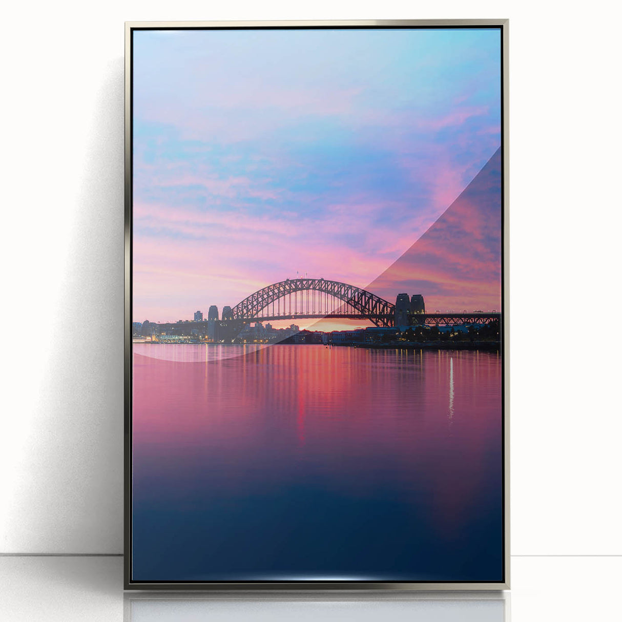 Large acrylic print featuring Sydney skyline in muted silver tones, ideal for modern art wall decor.