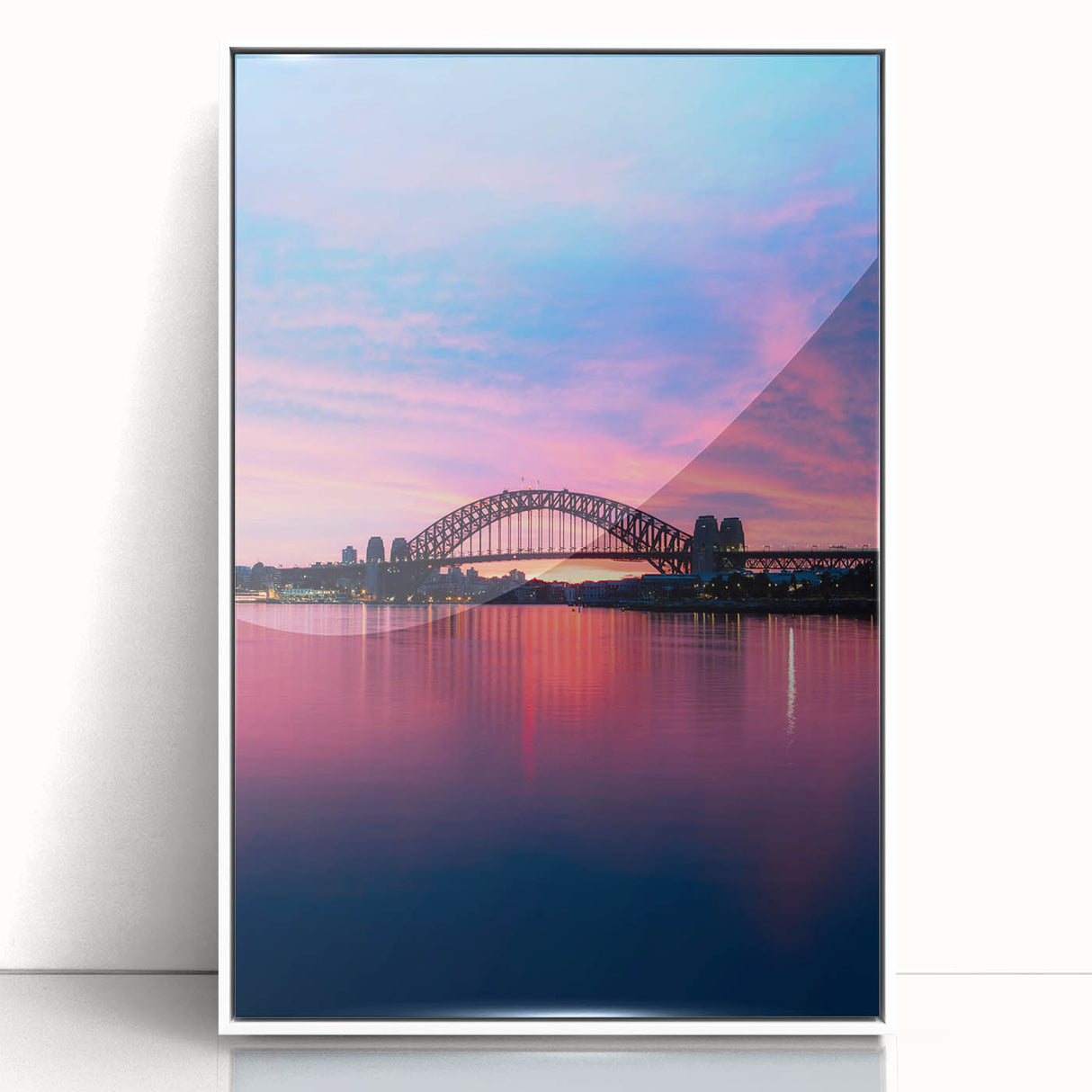 Mid-century modernist art depicting Sydney skyline in muted blue tones on a framed acrylic, ideal for nursery wall decor.
