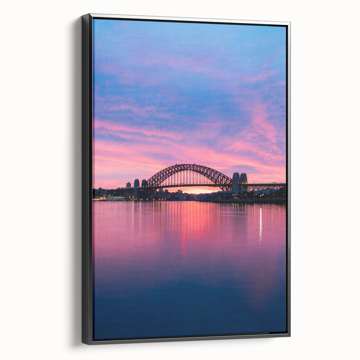 Black and white framed canvas of Sydney landscape, vintage poster style, ideal for bedroom wall art.