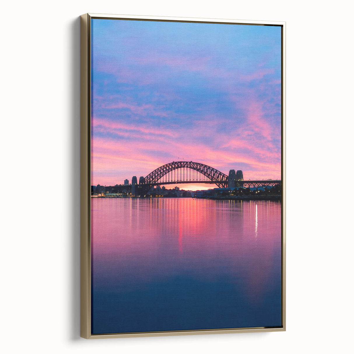 Framed canvas of Sydney landscape with golden hues, ideal for bedroom wall art.