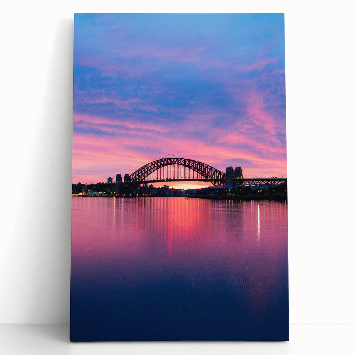 Black and white stretched canvas of Sydney skyline, ideal for kitchen wall art.