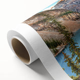 Art deco poster of Alberta, Canada scenery on rolled canvas, featuring muted earth tones, ideal for nursery wall art.
