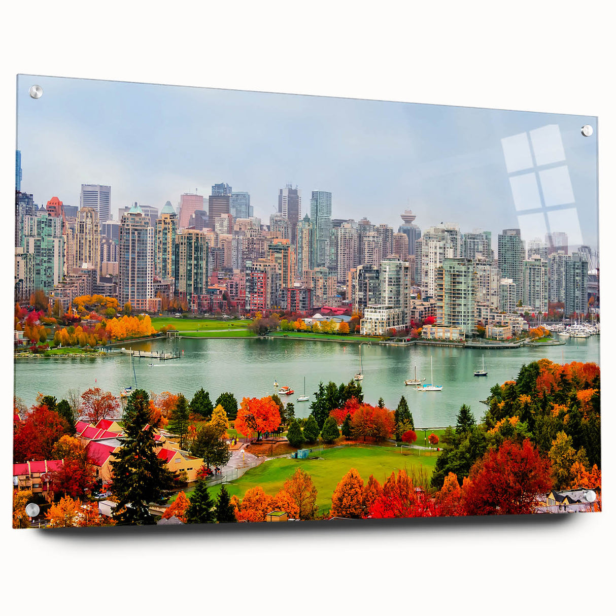 Acrylic print of a British Columbia landscape, featuring subdued green and blue tones, ideal for dining room decor.