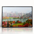 Large abstract wall art featuring a serene British Columbia landscape in muted green and blue tones, framed in black acrylic.