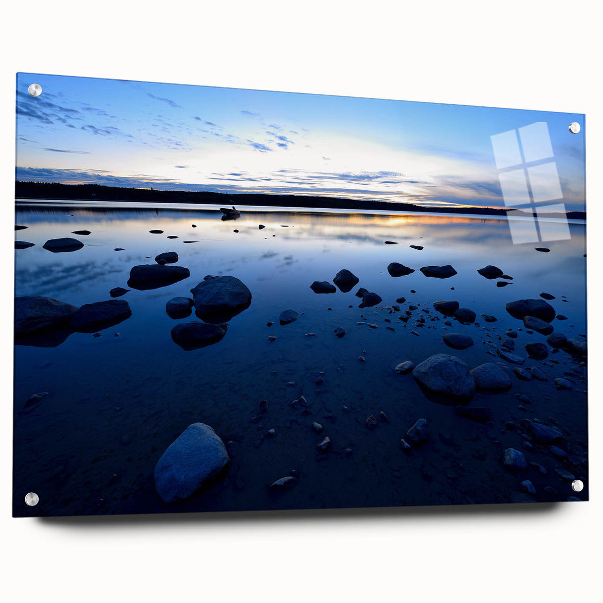 Large abstract wall art of the Northwest Territories on acrylic glass, in cool blue and gray tones.