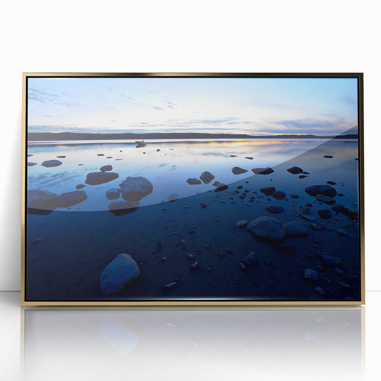Acrylic print featuring a serene Northwest Territories landscape in soft earth tones, framed in gold.