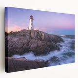 Side view of a stretched canvas featuring a serene Nova Scotia landscape in muted green and blue tones.