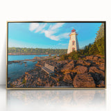 Large art print featuring a serene Ontario landscape in muted green and blue tones, framed in gold acrylic.