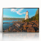 Mid-century modernist art depicting a serene Ontario landscape in muted earth tones, silver-framed acrylic print.