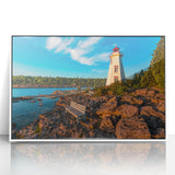 Acrylic print of Ontario, Canada scenery in art deco style, framed in white, ideal for modern nursery wall art.