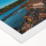 Art deco poster of Ontario scenery in muted blues and greens on rolled canvas, suitable for dining room walls.