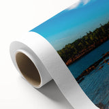 Art deco poster of Ontario scenery in muted blues and greens on rolled canvas, ideal for nursery wall art.