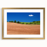 Extra large textured abstract art print of a scenic Prince Edward landscape in muted earth tones, framed in gold.
