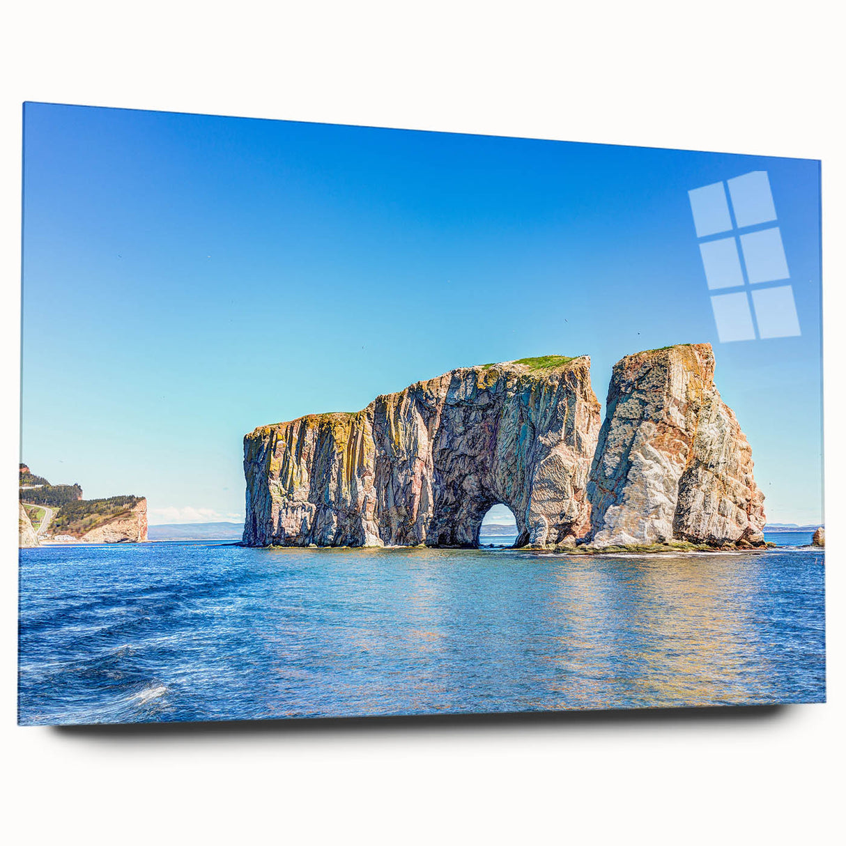 Large abstract wall art depicting a serene Quebec landscape in muted earth tones, printed on acrylic glass.