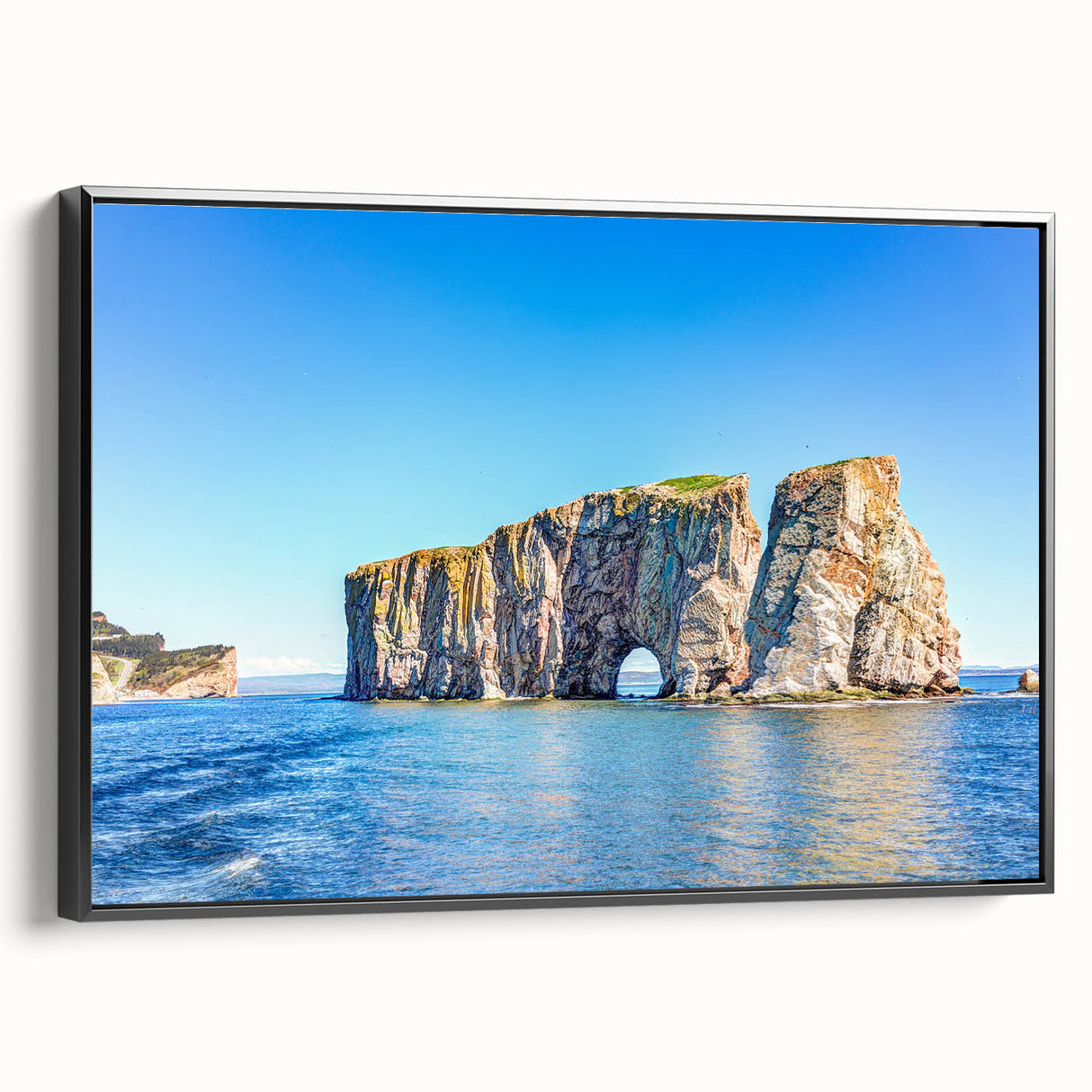 Black and white framed canvas featuring a vintage landscape of Quebec, ideal for bedroom wall decor.