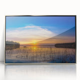 Mid-century modernist art depicting Saskatchewan scenery in muted earth tones on a silver-framed acrylic print.