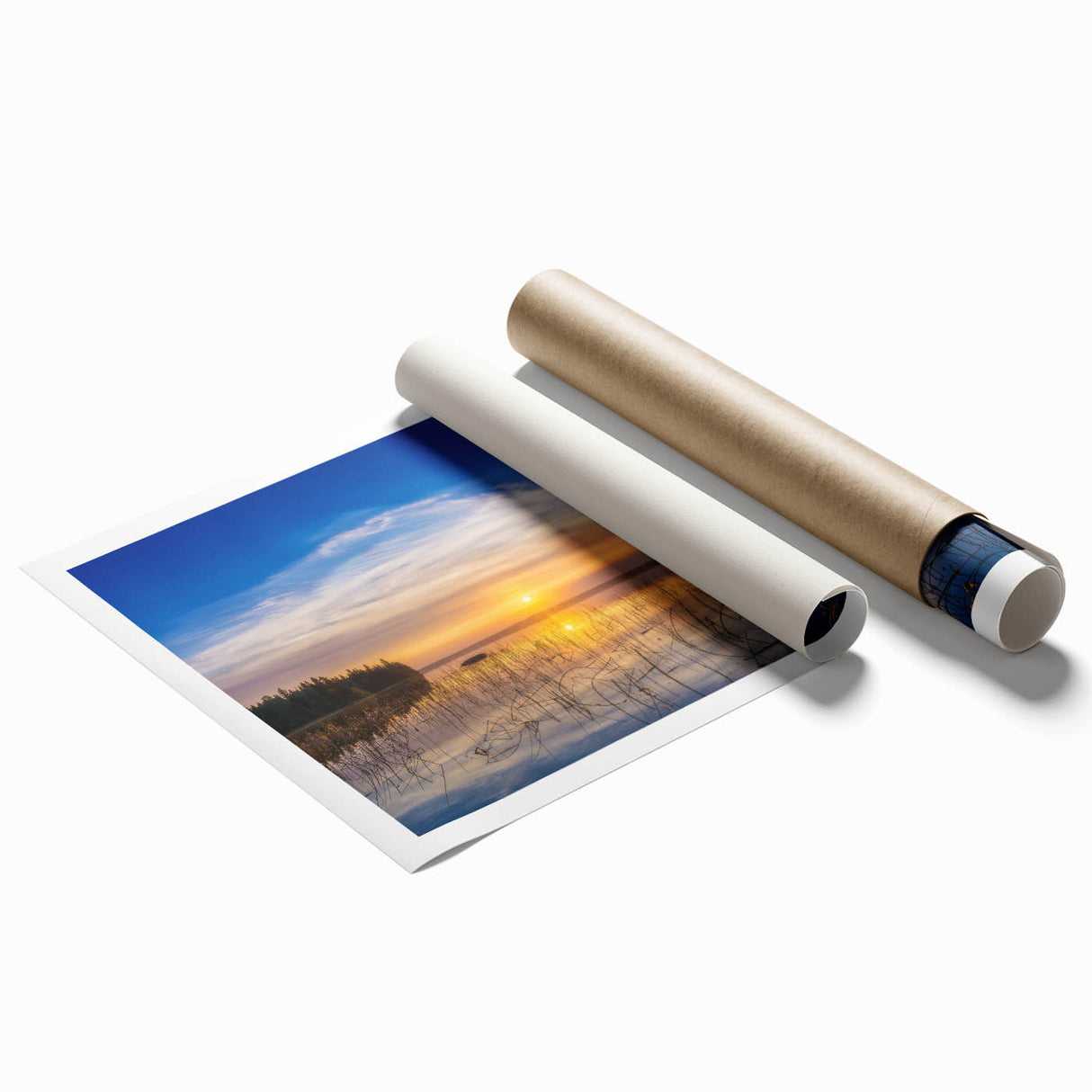 Extra large rolled print of a serene Saskatchewan landscape with muted green and blue tones.