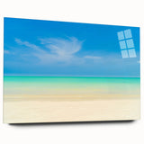 Large abstract wall art of Caribbean scenery in vibrant blues and greens on acrylic glass.