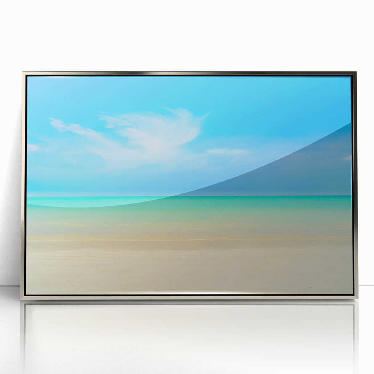 Large art print of a serene Caribbean beachscape in pastel blues and greens on a silver-framed acrylic.