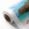 Art Deco poster of a Caribbean Aruba scenery on rolled canvas, with pastel shades, ideal for nursery wall art.