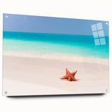 Large abstract wall art depicting a Caribbean scenery in vibrant blue and green tones on acrylic glass.