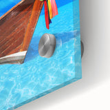 Large abstract wall art of Caribbean scenery in muted blue and green tones on acrylic glass, ideal for dining room ambiance.