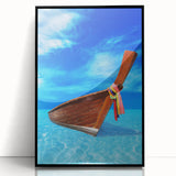 Large abstract wall art depicting a Caribbean scenery on a framed acrylic print with a black border.