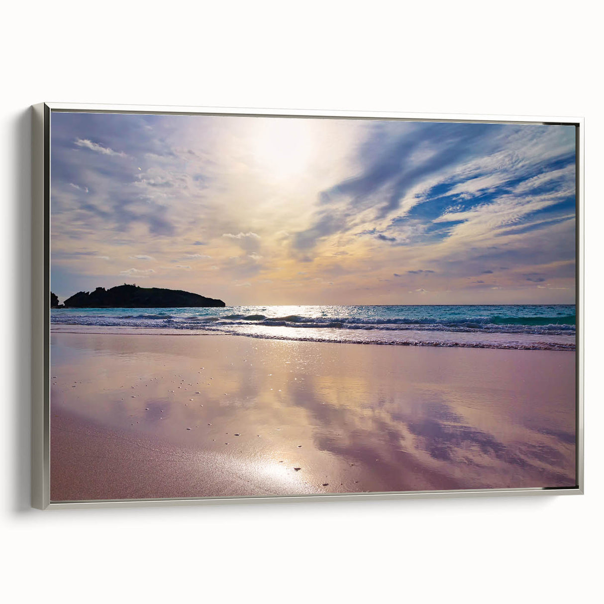 Framed canvas landscape art painting featuring a vintage Bermuda seaside scene in vibrant colors on a black background.