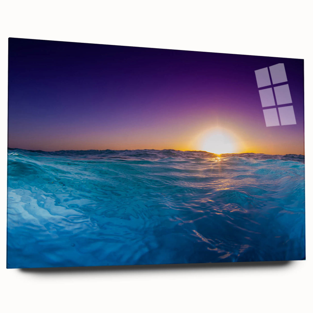 Large abstract ocean scene in blue and turquoise tones on acrylic glass, suitable for bedroom or dining room decor.