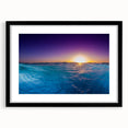 Extra large colorful art print featuring abstract Caribbean scenery in vibrant blues and greens, framed in black.