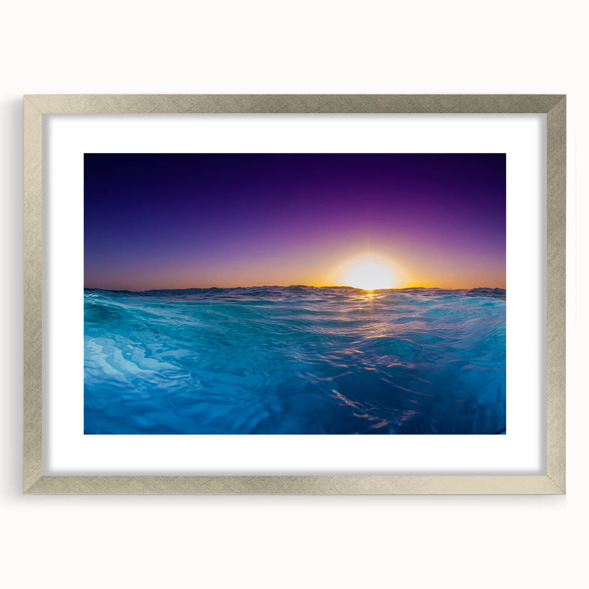 Extra large abstract art print featuring textured Caribbean scenery in muted blue and green, framed in silver.