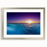 Extra large abstract art print featuring textured Caribbean scenery in muted blue and green, framed in silver.