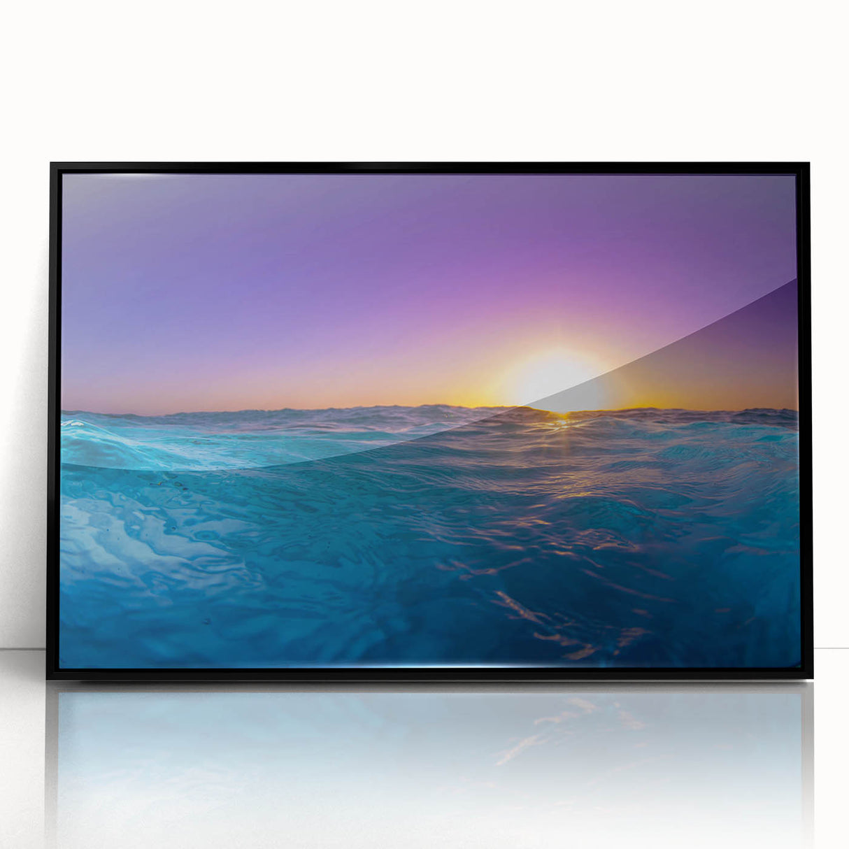 Large abstract wall art depicting a Caribbean Cayman scenery in vivid blue and green tones on a framed acrylic.