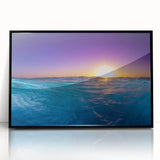 Large abstract wall art depicting a Caribbean Cayman scenery in vivid blue and green tones on a framed acrylic.