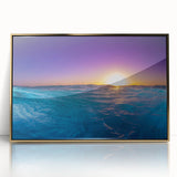 Art Deco poster of Caribbean scenery with acrylic framing, featuring vibrant blue and green tones.