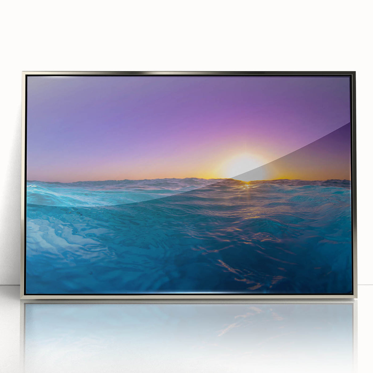 Large acrylic print of a serene Caribbean scenery in pastel hues, framed in silver, ideal for modern art wall decor.