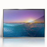 Large acrylic print of a serene Caribbean scenery in pastel hues, framed in silver, ideal for modern art wall decor.