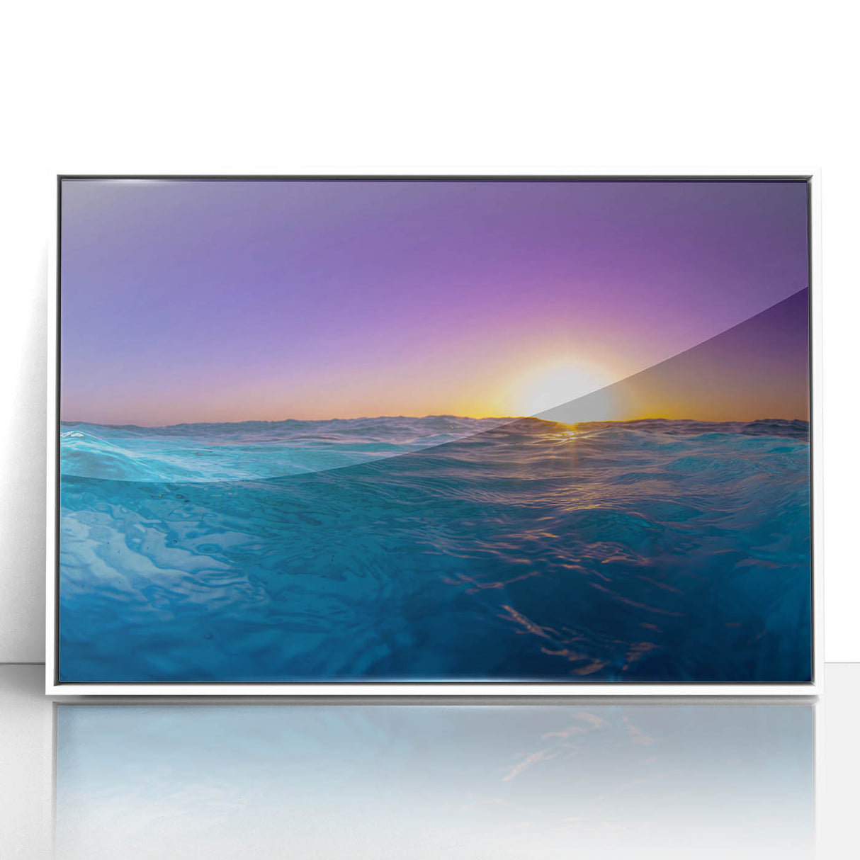 Framed acrylic print of a serene Caribbean seascape, in soft blue and white tones.