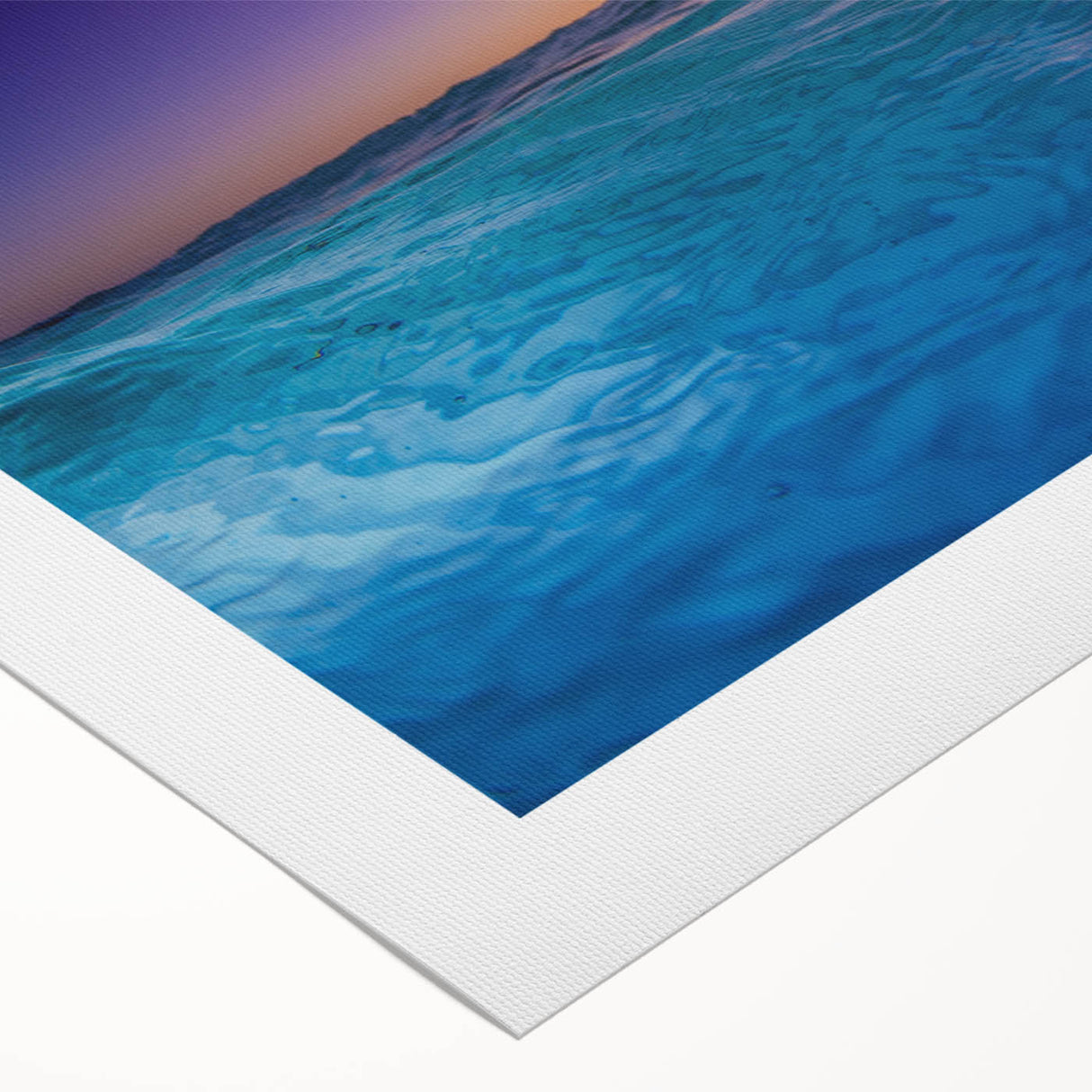 Art deco poster featuring a serene Caribbean scenery in soft blue and white tones on rolled canvas.