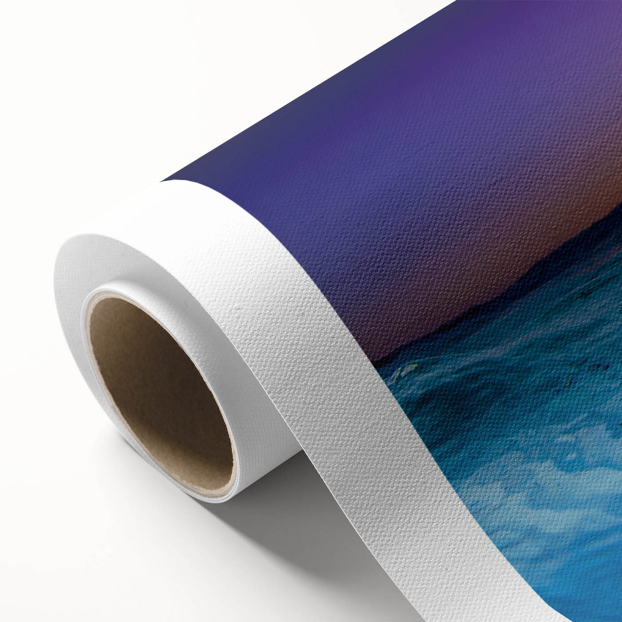 Art Deco style poster of a Caribbean scenery on rolled canvas, featuring pastel shades.