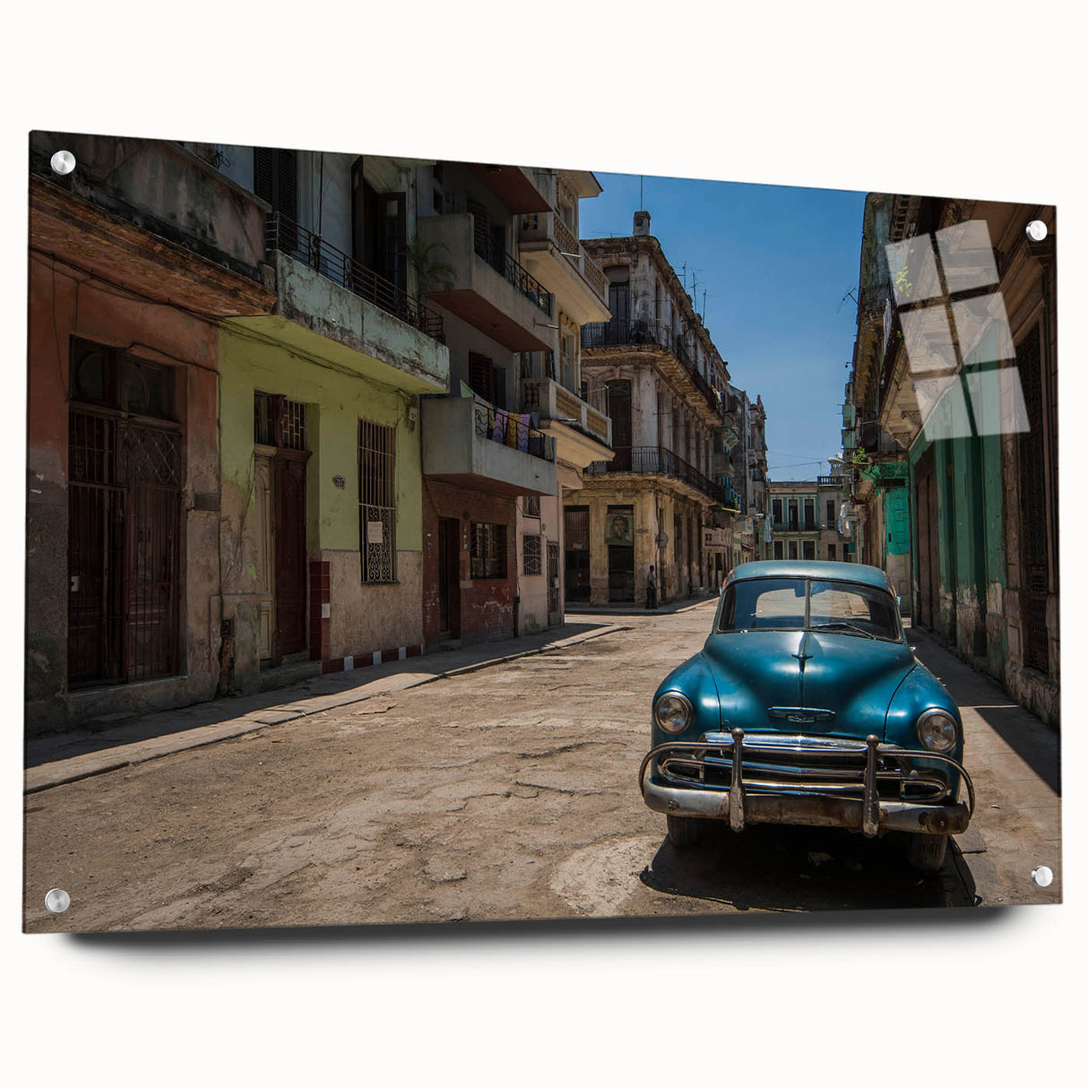 Acrylic glass print of a Caribbean Cuban scenery with vibrant ocean and sky hues, ideal for dining room art.