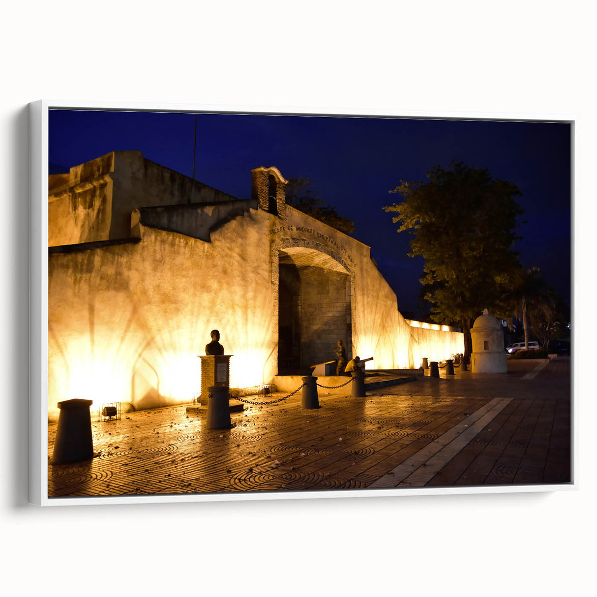 Vintage poster art of a Caribbean scene in vibrant colors on a framed canvas, suitable for living room decor.