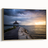 Framed canvas wall art featuring a vintage-style Jamaican landscape in black and gold tones, ideal for bedroom decor.