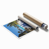 Extra large rolled print of a Caribbean scenery with lush florals, ideal for classy bathroom wall art.