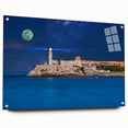 Acrylic print of a large abstract depiction of a Caribbean scenery in vibrant blue and green tones.