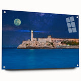 Acrylic print of a large abstract depiction of a Caribbean scenery in vibrant blue and green tones.