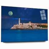Large abstract wall art of a Caribbean scenery in vibrant blue and green tones on acrylic glass.